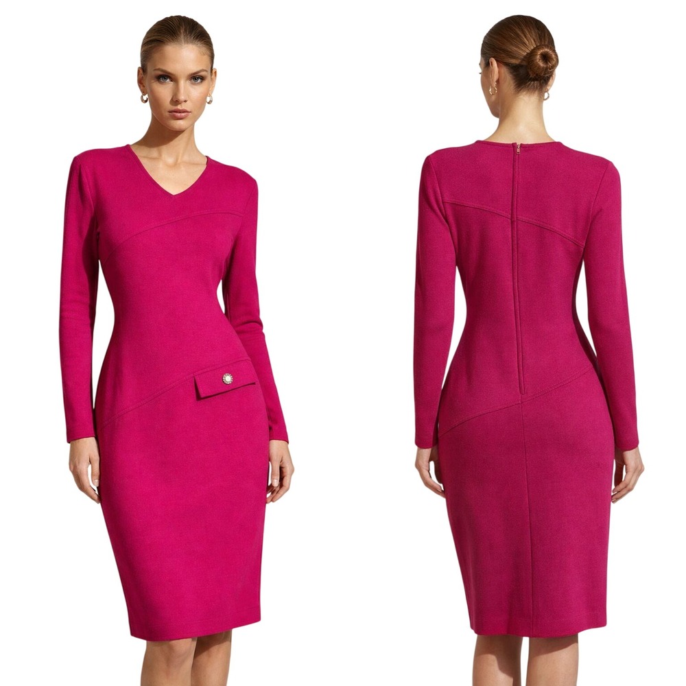 David Warren 80s Magenta Pink V Neck Long‎ Sleeve Sheath Dress Wool Blend
